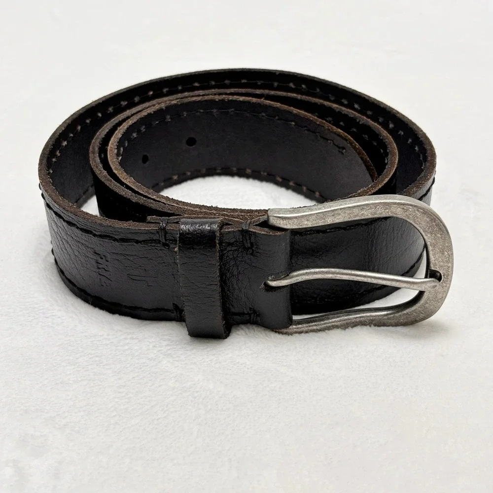 Vintage Inspo Brown Black Genuine Leather Belt Size 34 Rugged Boho Artisan